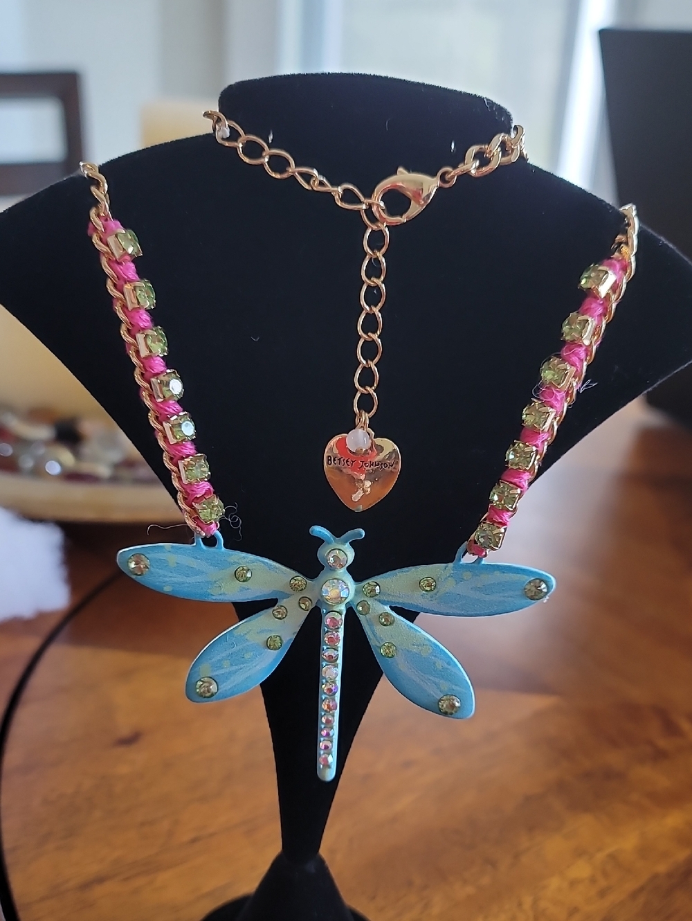 Betsey Johnson Blue Dragonfly Necklace with Pink & Green Accents